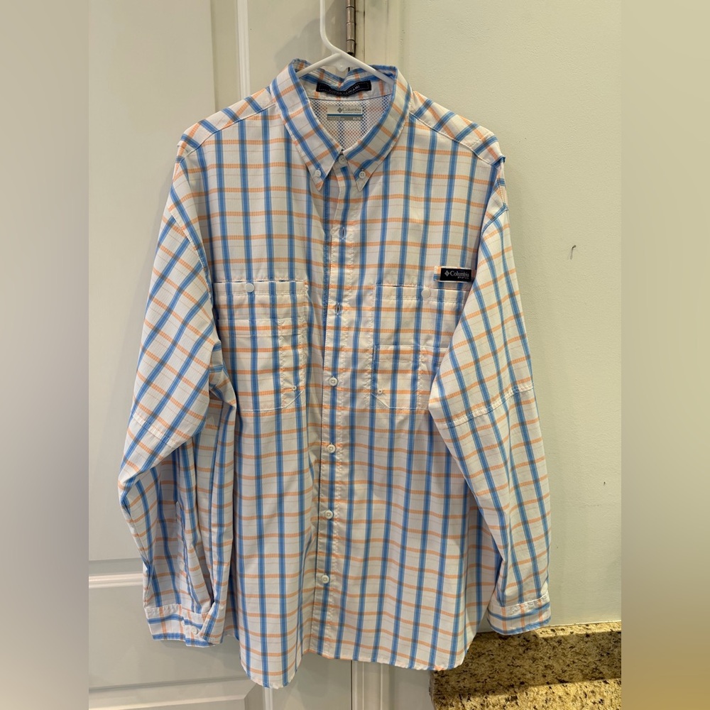 Columbia Men's Blue and Orange Plaid Fishing Shirt
